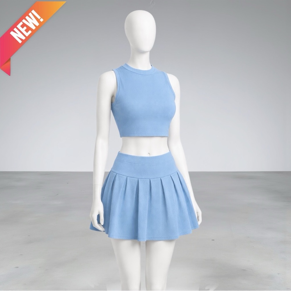 NEW 2-Piece Light Blue Pleated Knit Mini Skirt Set